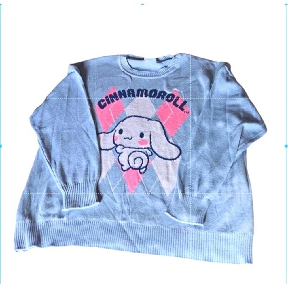 Sanrio Cinnamoroll Pull-Over Graphic Sweater XXL Argyle Pastel Baby Blue Preppy - Picture 2 of 6